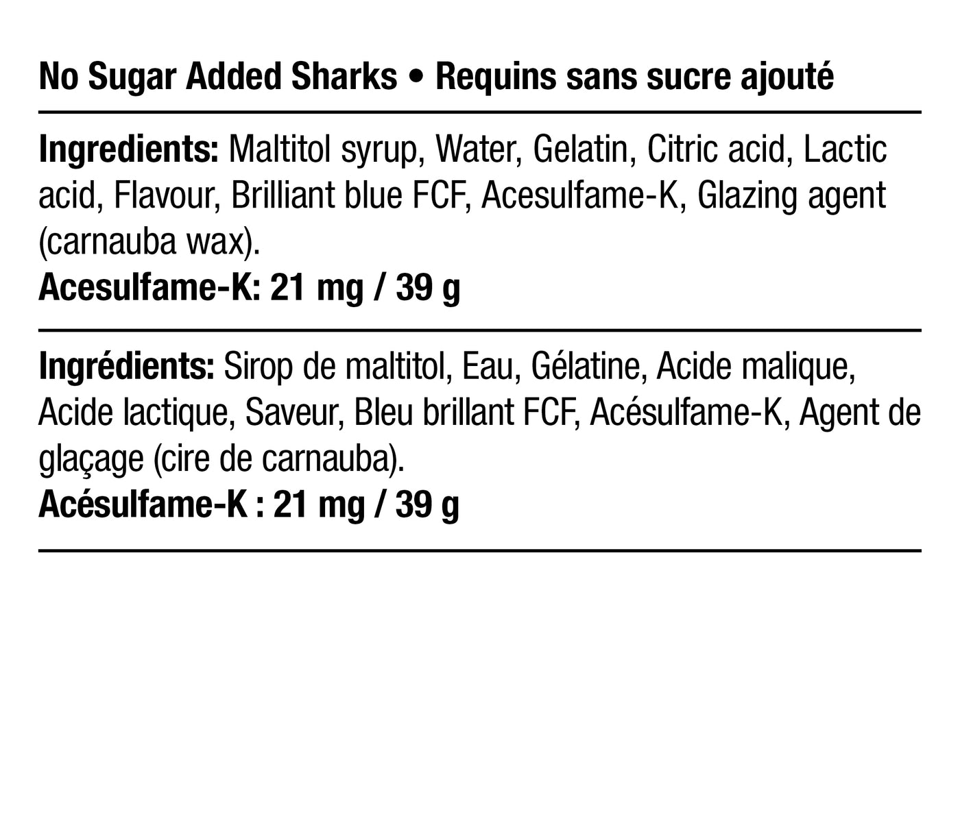 Ingredients - No Sugar Added Shark Attack
